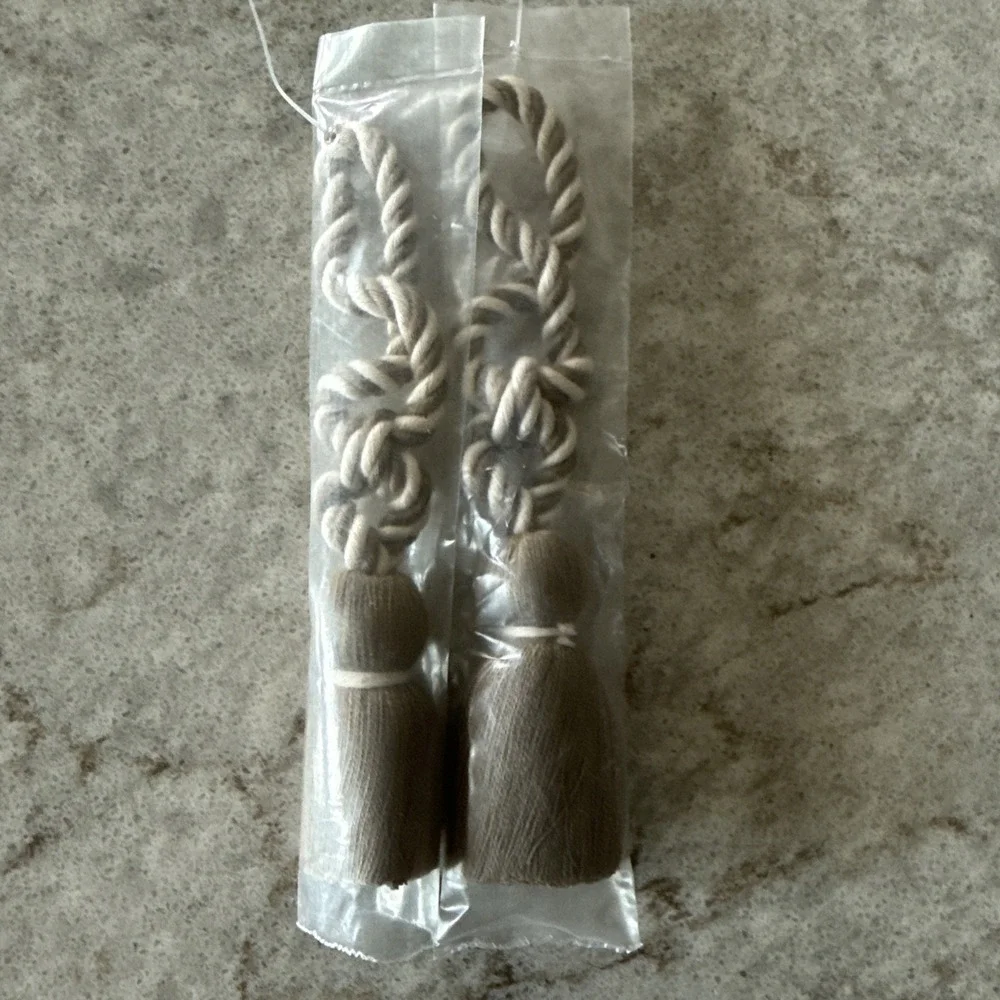 2 Vintage Tassel Curtain Tie Backs Braided Taupe Brown Cream 5-6 Inches